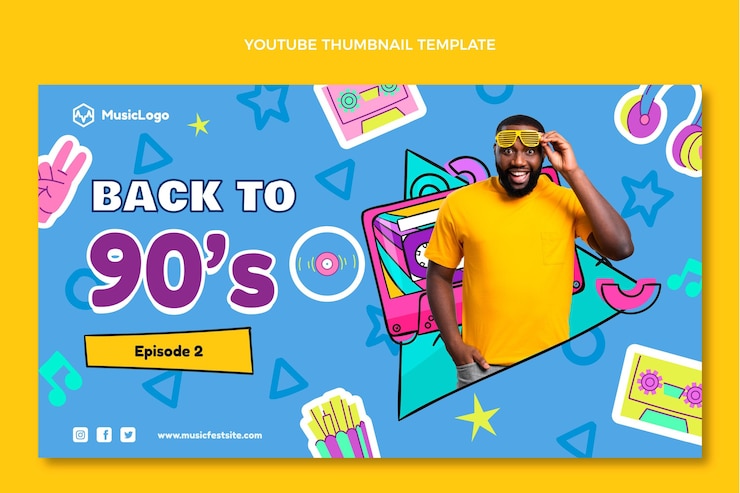 Vecteur gratuit miniature youtube du festival de musique des années 90 dessinée à la main