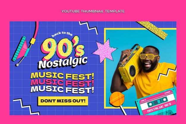 Vecteur gratuit miniature youtube du festival de musique nostalgique plat des années 90