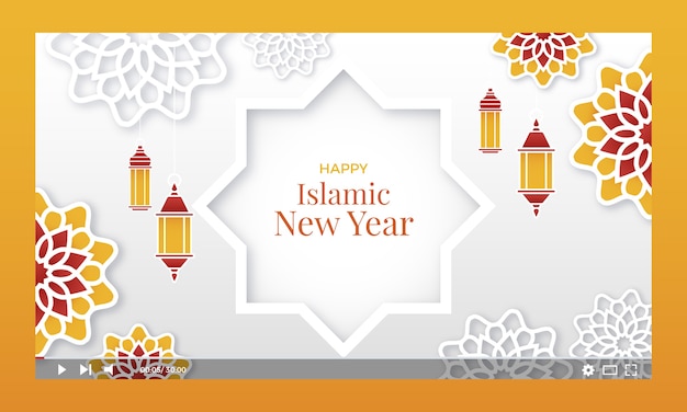 Vecteur gratuit miniature youtube du nouvel an islamique de style papier avec des lanternes et des fleurs