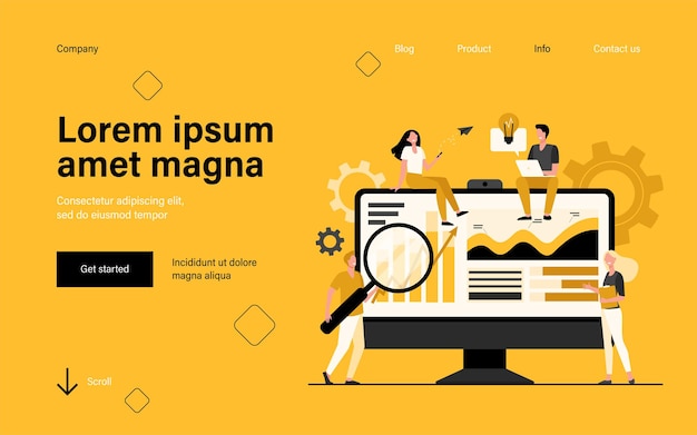Vecteur gratuit de minuscules analystes travaillant avec des données sur la page de destination du tableau de bord dans un style plat