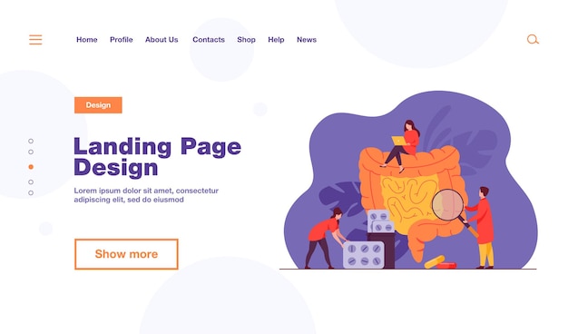 Vecteur gratuit de minuscules médecins vérifiant et traitant le modèle de page de destination du gros intestin