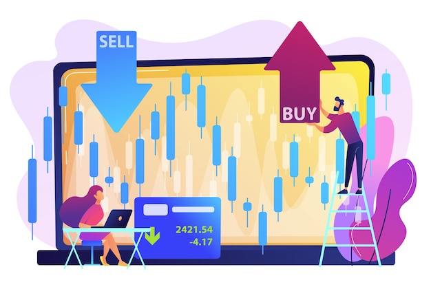 Vecteur gratuit de minuscules négociants en actions sur ordinateur portable avec graphique graphique achètent et vendent des actions. indice boursier, société de bourse, concept de données boursières.