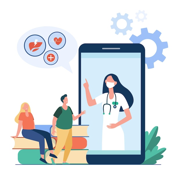 De minuscules personnes écoutant les recommandations du médecin depuis leur téléphone portable. Illustration de bande dessinée