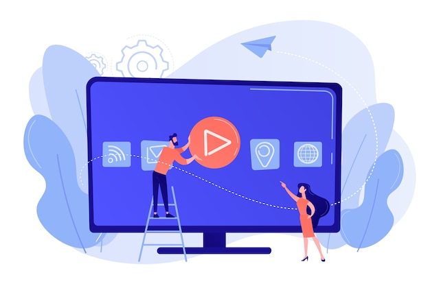 Vecteur gratuit de minuscules personnes à une énorme télévision intelligente avec des icônes d'application sur l'écran. technologie smart tv, télévision sur internet, concept de diffusion de télévision en ligne