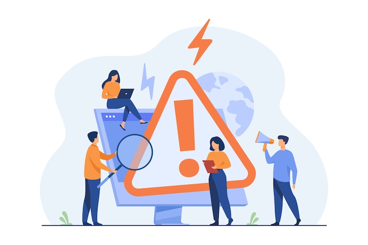 Vecteur gratuit de minuscules personnes examinant l'avertissement d'erreur du système d'exploitation sur la page web isolée illustration plate.
