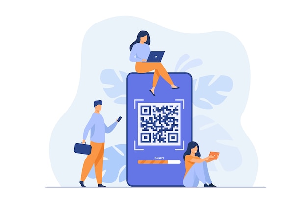 De Minuscules Personnes Utilisant Le Code Qr Pour Le Paiement En Ligne Isolé Illustration Plate.