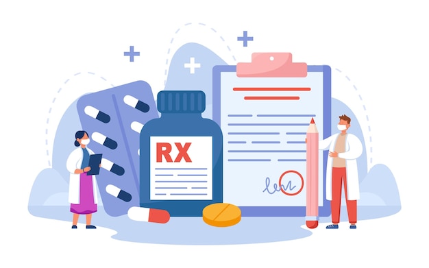 De minuscules pharmaciens avec des médicaments sur ordonnance pour les patients. Industrie pharmaceutique, symbole RX sur la bouteille d'illustration vectorielle plate d'analgésiques. Pharmacie, médecine, concept de santé pour la bannière