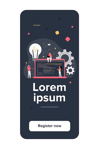 Minuscules programmeurs codant un nouveau projet isolé illustration vectorielle plane. Codeurs de dessins animés, développeurs et ingénieurs informatiques assis sur un gros ordinateur portable avec script
