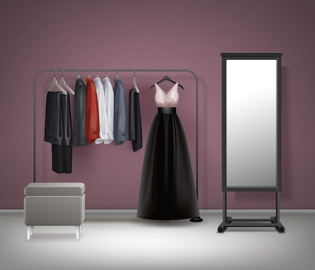 Miroir intérieur de vestiaire de vecteur, pouf, porte-vêtements en métal noir avec robe, pantalon, pantalon et chemises vue de face