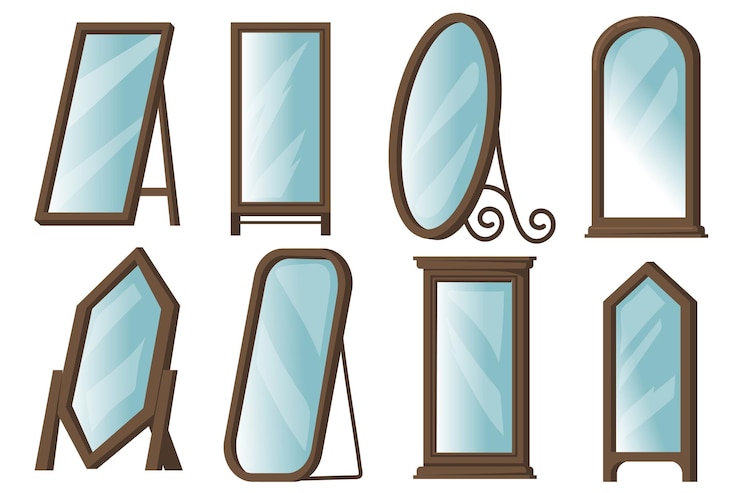 Vecteur gratuit miroirs de sol créatifs avec ensemble d'éléments plats de cadres en bois.