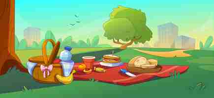 Vecteur gratuit mise en place de pique-nique dans le parc public de la ville sandwich pain et fruits sur couverture allongé sur l'herbe du panier de jardin avec nourriture et eau prêtes à manger paysage d'été de dessin animé de déjeuner en plein air et de loisirs