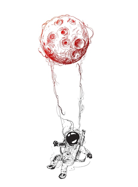 Mission Spatiale D'astronautes Suspendus Lune, Illustration Vectorielle De Croquis Dessinés à La Main.