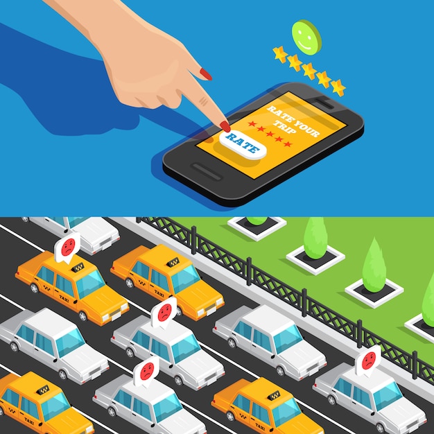 Mobile App Taxi Service Bannières Isométriques