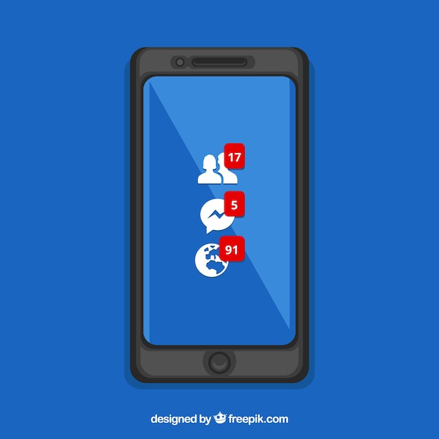 Vecteur gratuit mobile à plat avec des notifications facebook