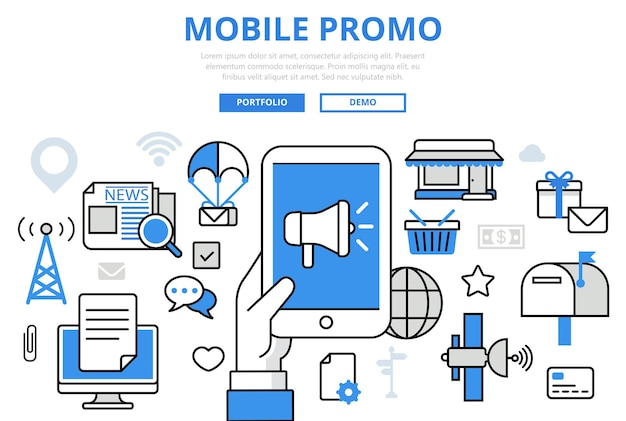 Mobile Promo Marketing Numérique Promotion Concept Plat Ligne Art Icônes.