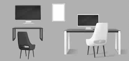 Vecteur gratuit mobilier de bureau, bureau, chaises et moniteurs