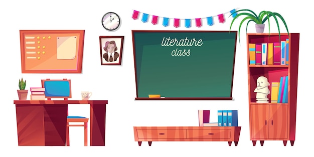 Vecteur gratuit mobilier de classe de littérature avec pupitre de professeur