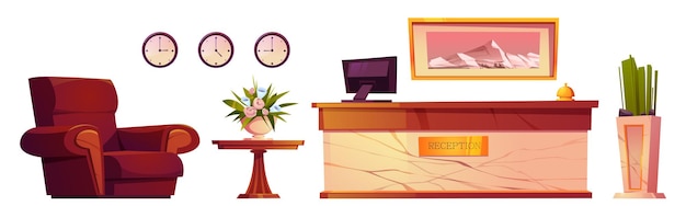 Mobilier Et Objets De Réception D'hôtel. Bureau Moderne Avec Ordinateur Et Cloche, Table, Vase à Fleurs, Fauteuil, Horloges Et Photo Au Mur. Objets Intérieurs De Foyer, Hall Ou Hall De L'auberge Ensemble De Vecteurs De Dessin Animé, Clipart