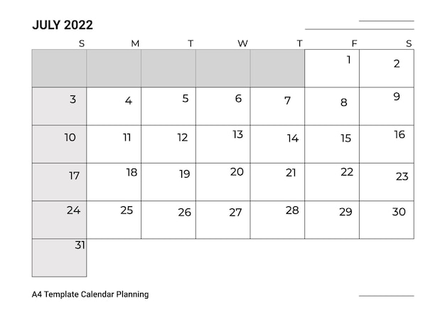 Vecteur gratuit modèle a4 calendrier planification juillet