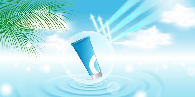 Modèle d'affichage de produit cosmétique avec fond de ciel bleu, ondulation de l'eau, feuille de palmier, bouclier à bulles