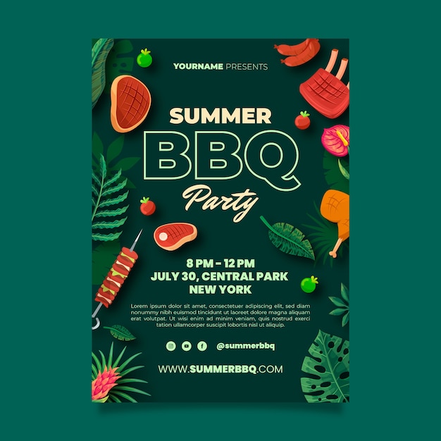 Modèle D'affiche De Barbecue D'été Plat Avec De La Nourriture Et Des Feuilles