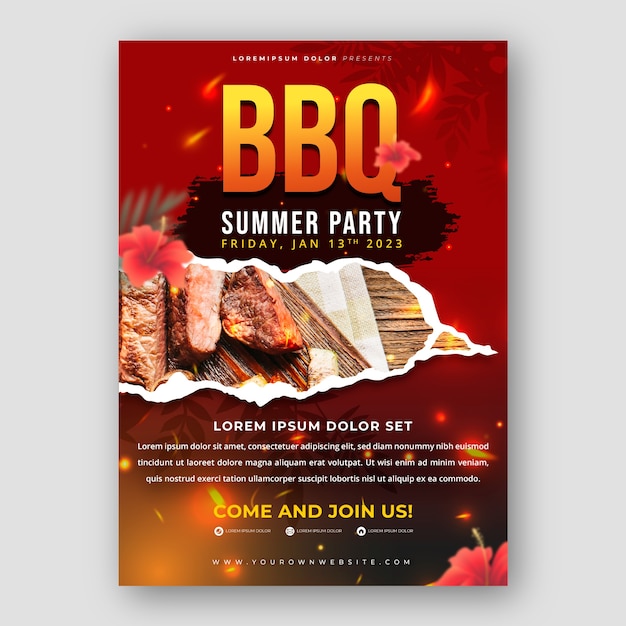 Vecteur gratuit modèle d'affiche de barbecue d'été réaliste avec de la viande