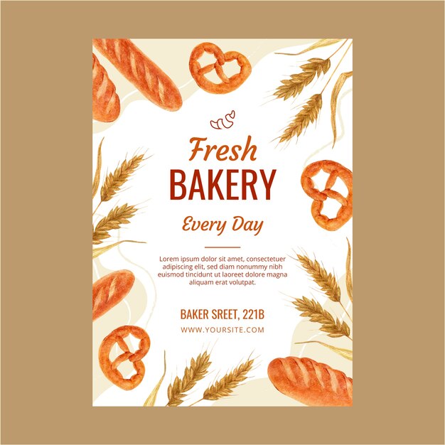 Modèle d'affiche de boulangerie aquarelle