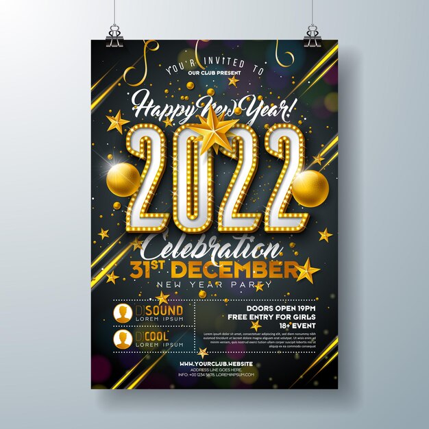 Modèle d'affiche de célébration de fête du nouvel an 2022 avec numéro d'ampoule et boule de Noël en or