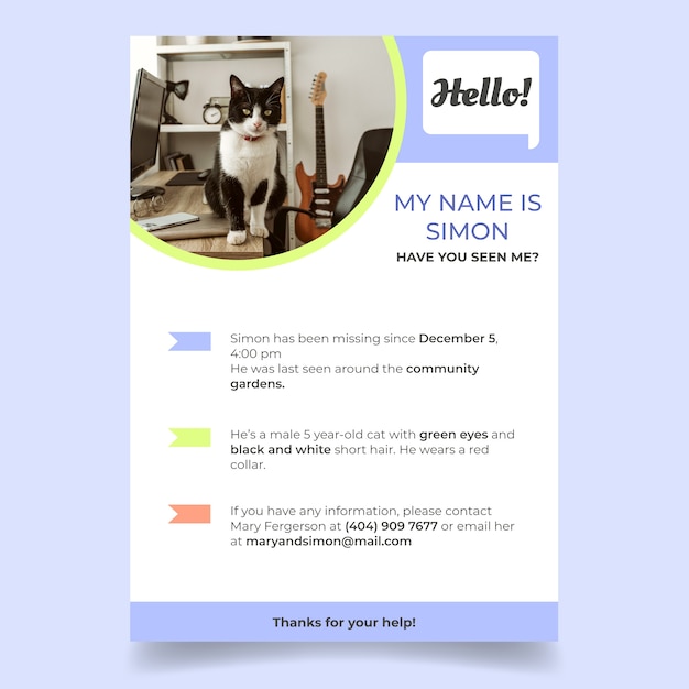 Vecteur gratuit modèle d'affiche de chat perdu simple design plat