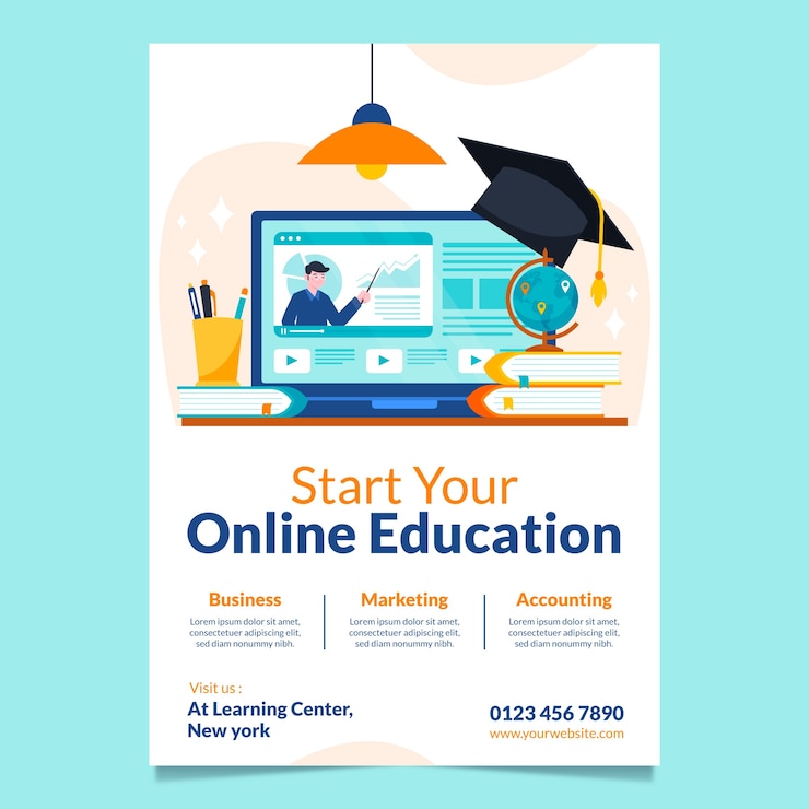 Vecteur gratuit modèle d'affiche de collège en ligne design plat