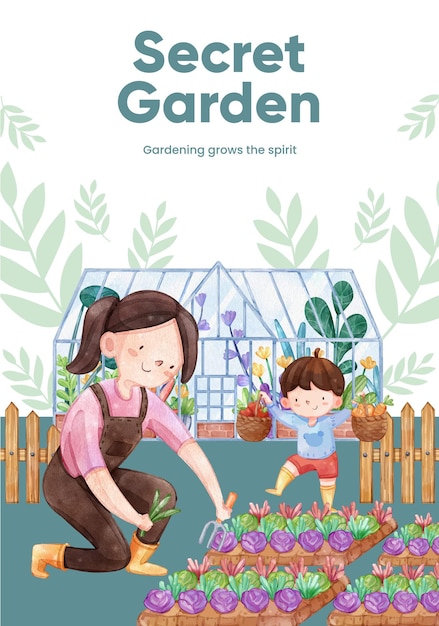 Vecteur gratuit modèle d'affiche avec concept de maison de jardinagestyle aquarellexa