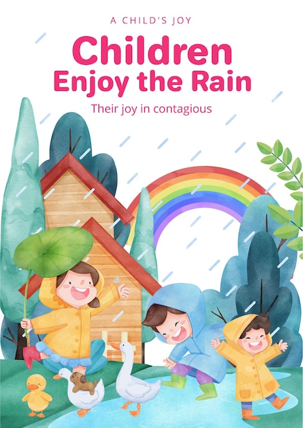 Modèle d'affiche avec concept de saison des pluies pour enfantsstyle aquarelle