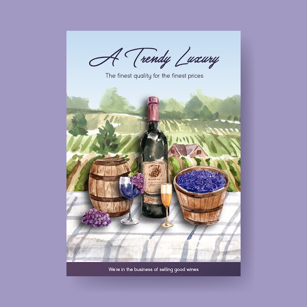 Vecteur gratuit modèle d'affiche avec la conception de concept de ferme viticole pour la publicité et la commercialisation d'illustration aquarelle.