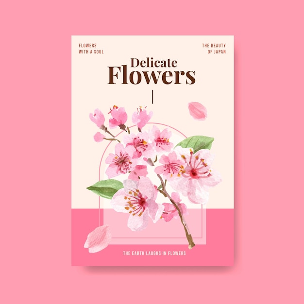 Vecteur gratuit modèle d'affiche avec la conception de concept de fleur de cerisier pour la publicité et le marketing illustration aquarelle