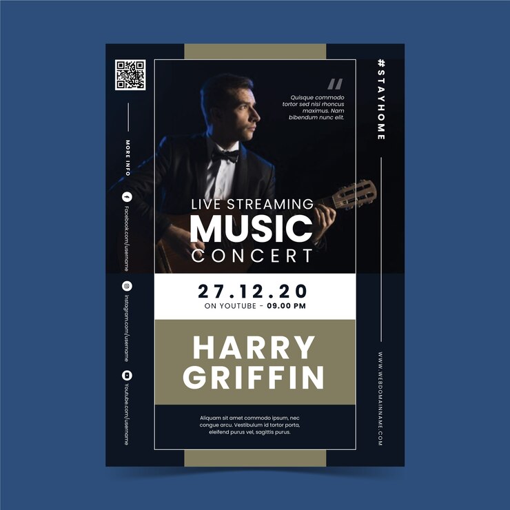 Vecteur gratuit modèle d'affiche de concert de musique en streaming en direct avec photo