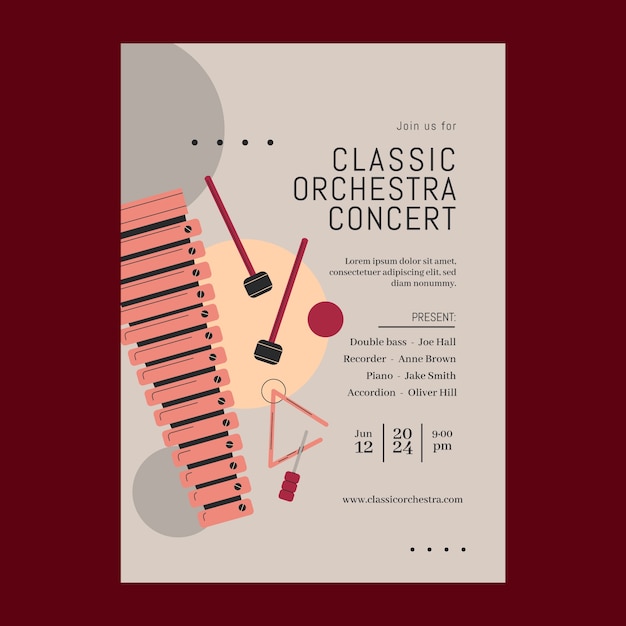 Vecteur gratuit modèle d'affiche de concert d'orchestre à design plat