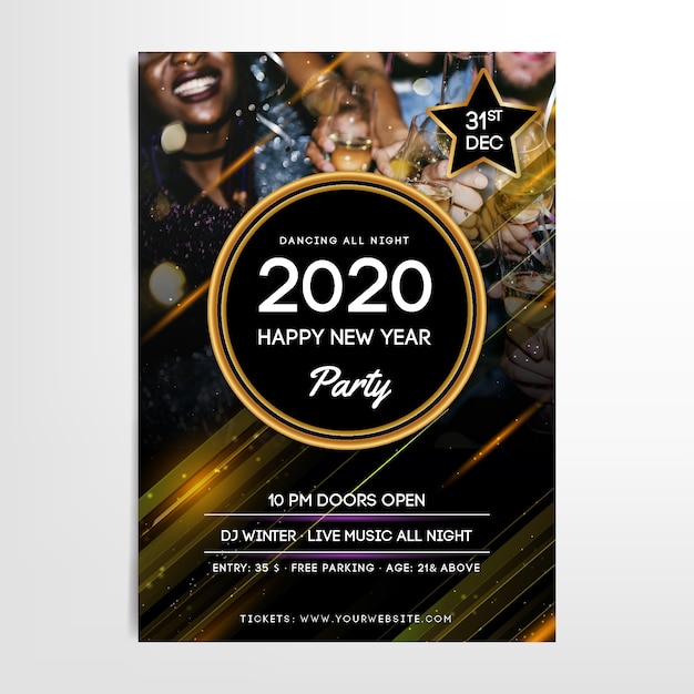 Vecteur gratuit modèle affiche du parti nouvel an 2020 avec photo