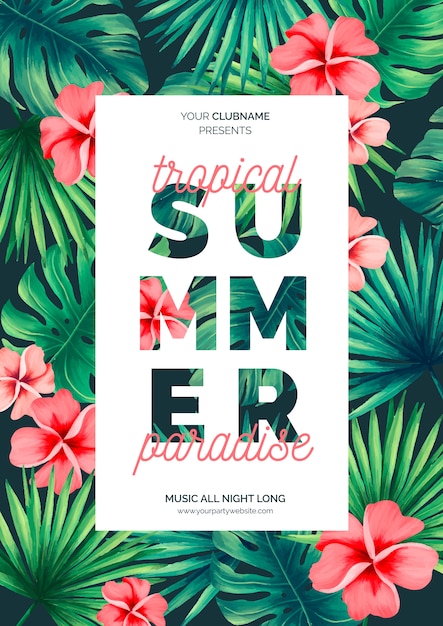 Vecteur gratuit modèle d'affiche été coloré avec des fleurs tropicales