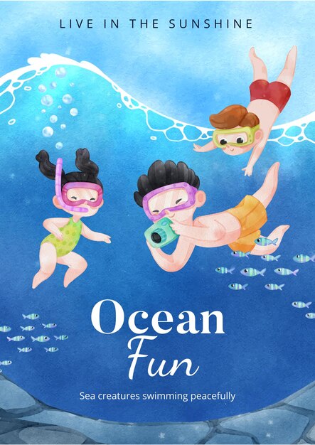 Modèle d'affiche avec explorer le monde de l'océan conceptwatercolor stylexA