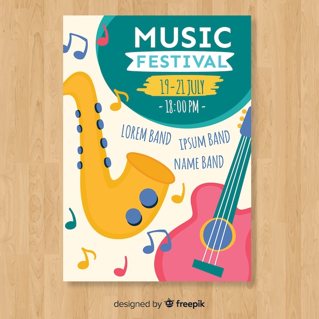 Modèle d&#39;affiche de festival de musique dessiné à la main