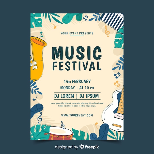 Vecteur gratuit modèle d'affiche de festival de musique dessiné à la main