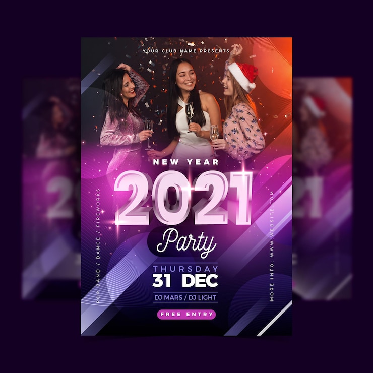 Vecteur gratuit modèle d'affiche de fête du nouvel an 2021 avec photo