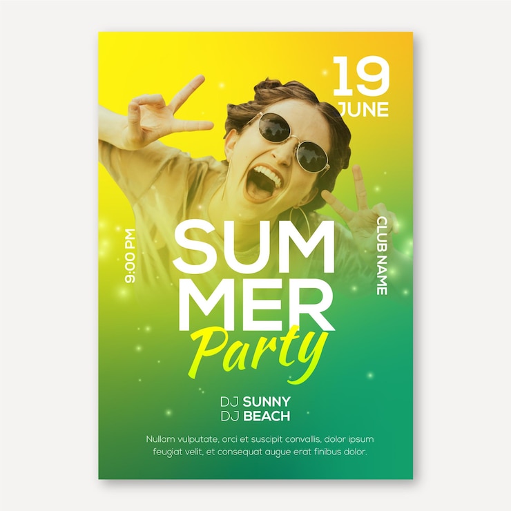 Vecteur gratuit modèle d'affiche de fête d'été avec photo