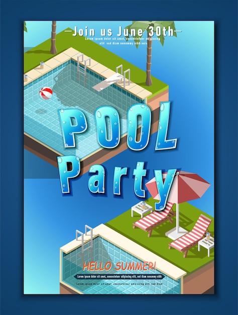 Vecteur gratuit modèle d'affiche de fête d'été. pool party avec piscines isométriques