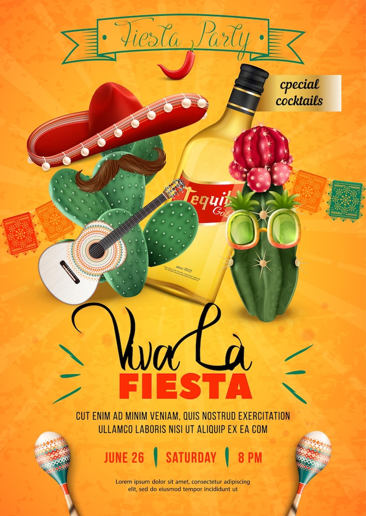 Vecteur gratuit modèle d'affiche de fête fiesta avec guitare et moustache sombrero mexicain