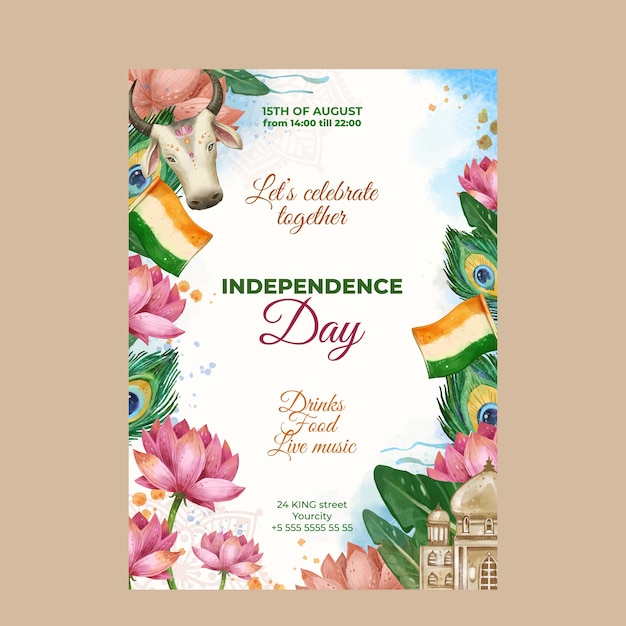 Modèle D'affiche De La Fête De L'indépendance De L'inde Aquarelle