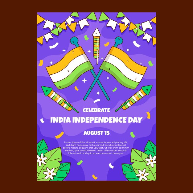 Modèle D'affiche De La Fête De L'indépendance De L'inde Dessiné à La Main Avec Des Drapeaux Et Des Feux D'artifice