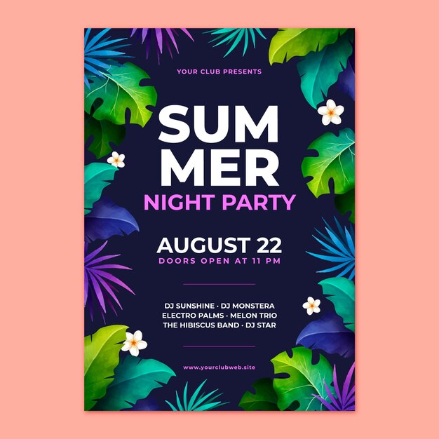 Modèle d'affiche de fête de nuit d'été aquarelle avec végétation