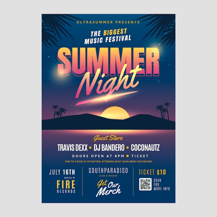 Vecteur gratuit modèle d'affiche de fête de nuit d'été dégradé avec vue sur la plage