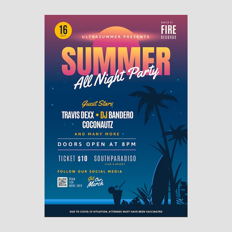 Vecteur gratuit modèle d'affiche de fête de nuit d'été dégradé avec vue sur la plage